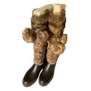 LANDSEND Women’s Lace Up Faux Fur Tall Leather Boots With Pom Poms, Zip Closure